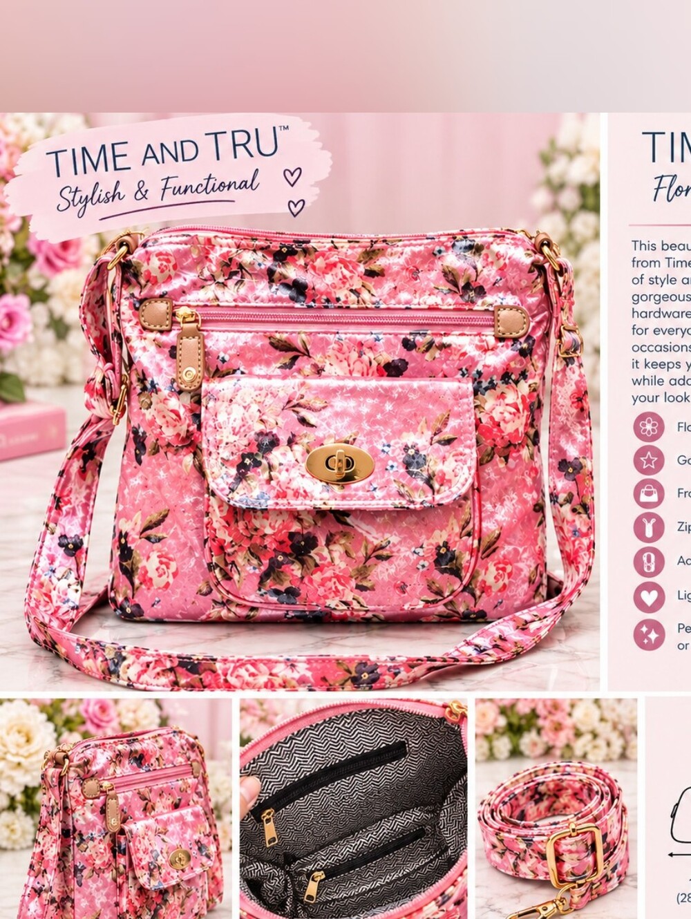 Time and Tru Pink Floral Quilted Crossbody Bag with Gold Hardware